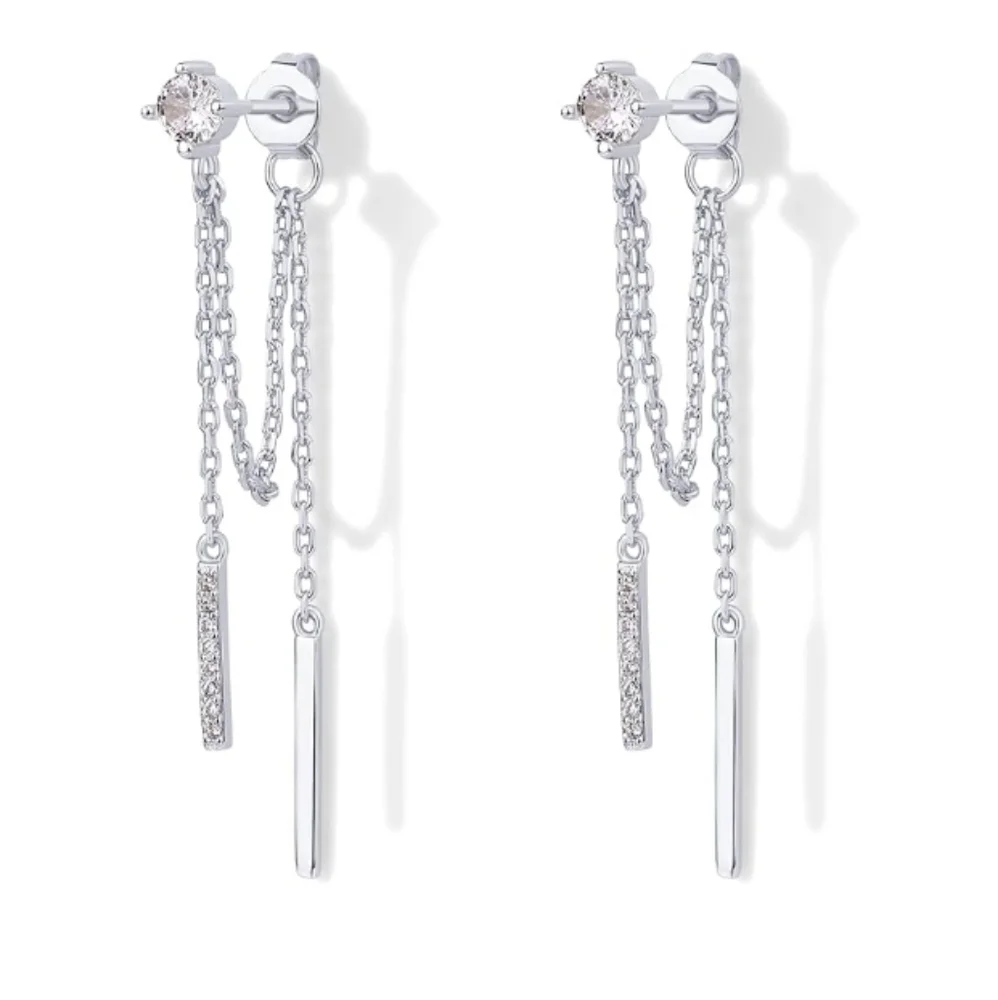 18K Gold Plated Sterling Silver Posts Drop Dangle Chain CZ Earrings White Gold